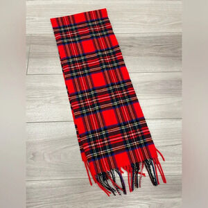 Vintage Scottish 100% Lambswool Scarf Fringed Red Plaid Tartan Wrap Shawl
